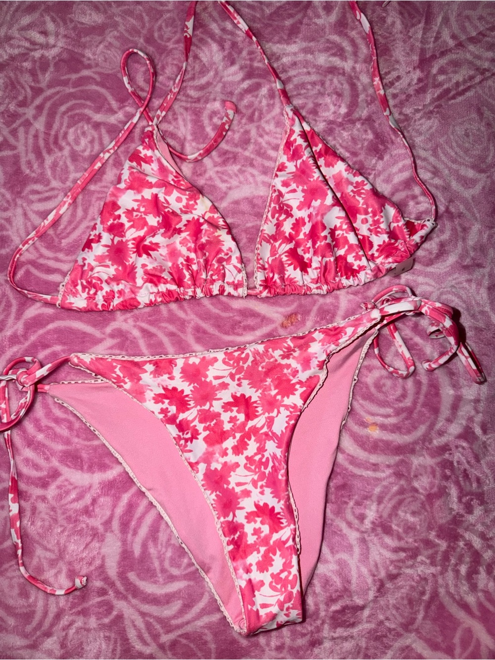 Pink Floral Tie-Side Bikini Set M no brand